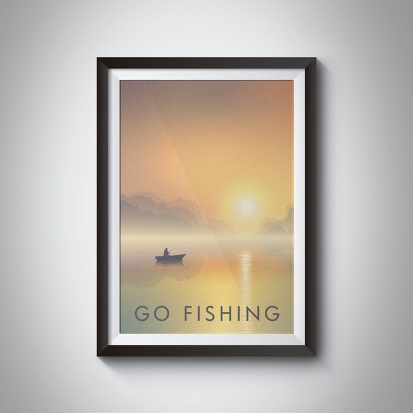 Go Fishing Print, Outdoor Adventure, Hobbies, Sea Angling, Boating, Vintage Travel Poster, Fly Fishing Gift, Illustration, Seaside, Wall Art