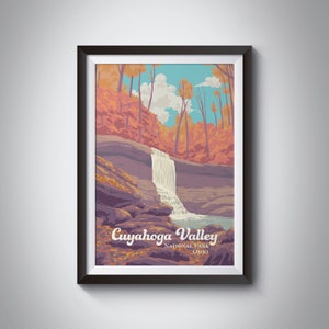 Cuyahoga Valley National Park Poster, Ohio USA Travel Poster, Cuyahoga River, Vintage Travel Poster, Retro, Blue Hen Falls, Waterfall Artf