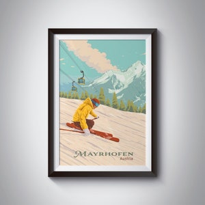 Mayrhofen Ski Resort Poster, Tyrol Austria, Skiing Print, Mountains, Zillertal Valley, Alps, Ski Season, Snowboarding, Apres Ski, Vintage