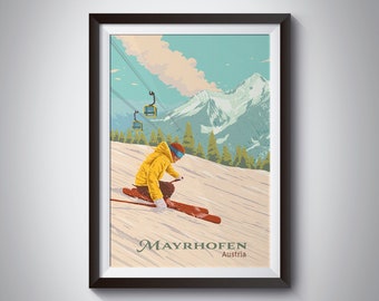 Mayrhofen Ski Resort Poster, Tyrol Austria, Skiing Print, Mountains, Zillertal Valley, Alps, Ski Season, Snowboarding, Apres Ski, Vintage