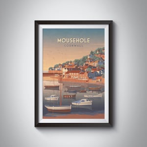 Mousehole Travel Poster, Cornwall, Penzance, St Clement&#39;s Isle, Cornwall AONB, Cornish Village, Retro Seaside Art, Coastal Hikes, Framed