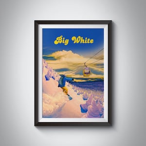 Cartel de snowboard blanco grande, impresión de viajes de Columbia Británica Canadá, estación de esquí, Kelowna, obras de arte de esquí vintage, Montañas Rocosas, fantasmas de nieve
