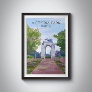 Plakat Victoria Park Leicester, Uniwersytet w Leicester, Vintage Travel Print, Łuk Pamięci Lutyensa, Wydruk Leicester, Knighton Park