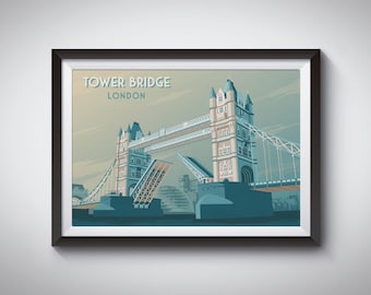 Tower Bridge London Poster, London Travel Poster, Vintage Travel Poster, London Landmarks, London Bridge, Skyline, River Thames, England Art