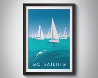 Impresión de "Go Sailing", arte mural de vela, aventura al aire libre, regalo marinero, póster de viaje vintage, ilustración náutica, barcos, impresión enmarcada, retro