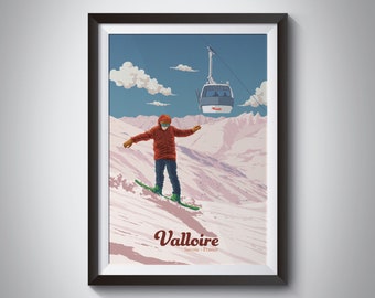 Valloire Snowboarding Poster, Savoie France, French Alps Print, Vintage Ski Resort Poster, Skiing Wall Art, Valloire Galibier, Snowboard Art