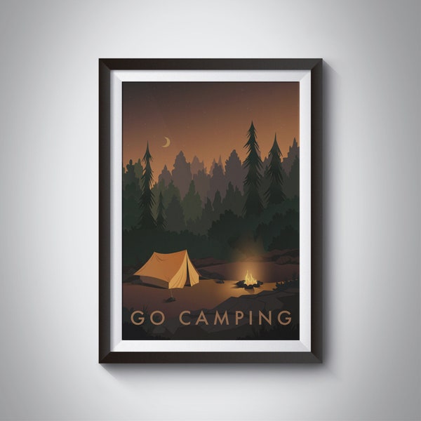 Go Camping Art Print, Wild Camping, Outdoor Adventure, Hiking, Vintage Travel Poster, Wall Art Print Gift, Campfire Painting, Tent, Nature