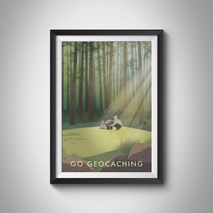 Go Geocaching Art Print, cachés, actividades al aire libre, cartel de viaje vintage, hobby de letterboxing, GPS, arte de senderismo, arte de pared retro, naturaleza