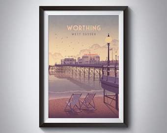 Worthing Travel Poster, West Sussex, Seaside, Worthing Pier, Beach, Vintage Travel Print, Brighton, South Downs, Framed Wall Art, England