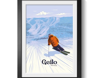 Geilo Norway Ski Resort Poster, Scandinavian Winter Sports Wall Art Print, Nordic Alps Travel Decor, Snowboarding and Skiing Landscape