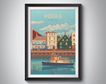 Poole Dorset Seaside Travel Poster, Poole Harbour, Framed Travel Print, Sandbanks Beach, Bournemouth, Swanage, Purbeck, Wall Art Gift, Coast