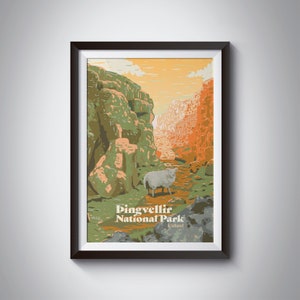 Thingvellir National Park Poster, IJsland, IJslandse kunst, Retro Travel Poster, Vintage Print, Schapen, Blue Lagoon, Golden Circle, Gulfoss