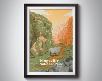 Thingvellir National Park Poster, Iceland, Icelandic Art, Retro Travel Poster, Vintage Print, Sheep, Blue Lagoon, Golden Circle, Gulfoss