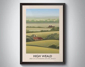 High Weald AONB Poster, East Sussex, Kent, West Sussex, Surrey, Oast House, British Countryside, Vintage Travel Print, National Park, Framed