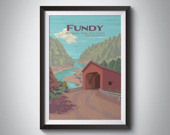 Fundy National Park Poster, Canada, New Brunswick, Covered Bridge, Point Wolfe, Hopewell Rocks Bay, Vintage Travel Print, Retro Artwork, Art