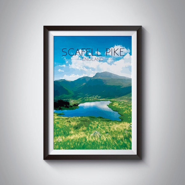 Scafell Pike Poster, Three Peaks, Lake District, Cumbria, Keswick, Mountain Art, UK Countryside, England, Hiking, Snowdon, Ben Nevis, Peak