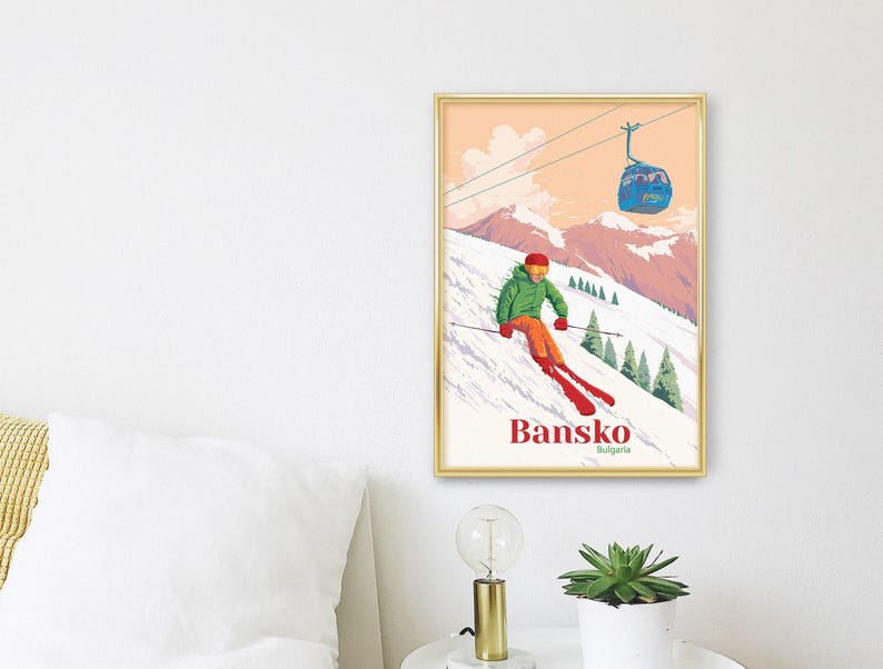 Bansko Bulgaria Ski Resort Poster, Travel Poster, Wall Art, Snowboarding, Vintage Skiing Print, Retro Ski Artwork, Gift for Skier, Mountains image 3