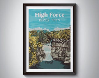 High Force Waterfall Travel Poster, River Tees, County Durham, North Pennines Travel Print, Teesdale, AONB, National Park Wall Art, Gift