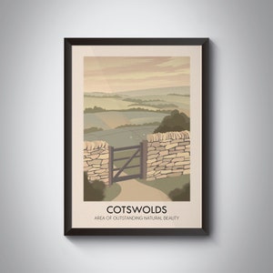 Cotswolds AONB Poster, Gloucestershire, Oxfordshire, Cotswold Way Walking Trail, Vintage Travel Print, British Countryside, Framed, Bibury