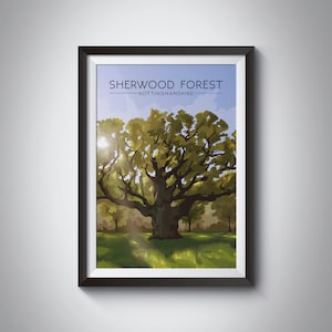 Cartel del bosque de Sherwood, Nottinghamshire, Robin Hood, Major Oak, Nottingham, Impresión de viaje de Sherwood, Regalo de impresión de arte de pared, Parque Clumber, Enmarcado