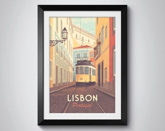 Cartel de viaje de Lisboa, Impresión de viaje de Portugal, Tranvía de Lisboa, Alfama, Regalo de arte mural de Lisboa, Baixa, Chiado, Arte de la ciudad de Lisboa, Oporto, Impresión enmarcada