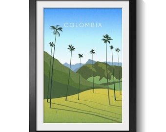 Colombia Travel Poster, Minimalist Travel Print, Valle del Cocora, Palm Trees, South America Wall Art, Scandi Artwork, Framed, Cocora Valley