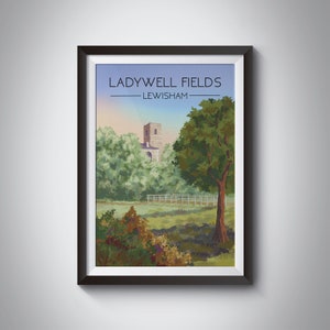 Ladywell Fields Poster, Lewisham London Travel Poster, Catford Print, St Mary Virgin Church, Hilly Fields, Brockley, Ravensbourne River