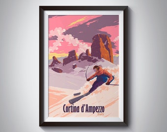 Cortina d'Ampezzo Ski Resort Poster, Italien Skiing Print, Vintage Travel Poster, Dolomiti, Dolomites, Italian Art, Courmayeur, Skiing Gift
