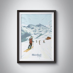 Meribel Ski Resort Plakat, Alpy Francuskie, Mottaret, 3 Doliny, Wydruk Vintage, Retro, Francja, Narciarstwo, Snowboarding, Sztuka Górska, Dekoracja Ścienna