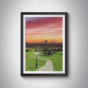 Impressão de Primrose Hill, pôster de viagens de Londres, arte de parede de Londres, Camden Town, Chalk Farm, nascer do sol, horizonte, paisagem urbana, arte, pintura, London Park