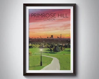 Primrose Hill Print, London Travel Poster, London Wall Art, Camden Town, Chalk Farm, Sunrise, Skyline, Cityscape, Art, Painting, London Park