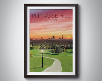 Primrose Hill Print, London Travel Poster, London Wall Art, Camden Town, Chalk Farm, Sunrise, Skyline, Cityscape, Art, Painting, London Park