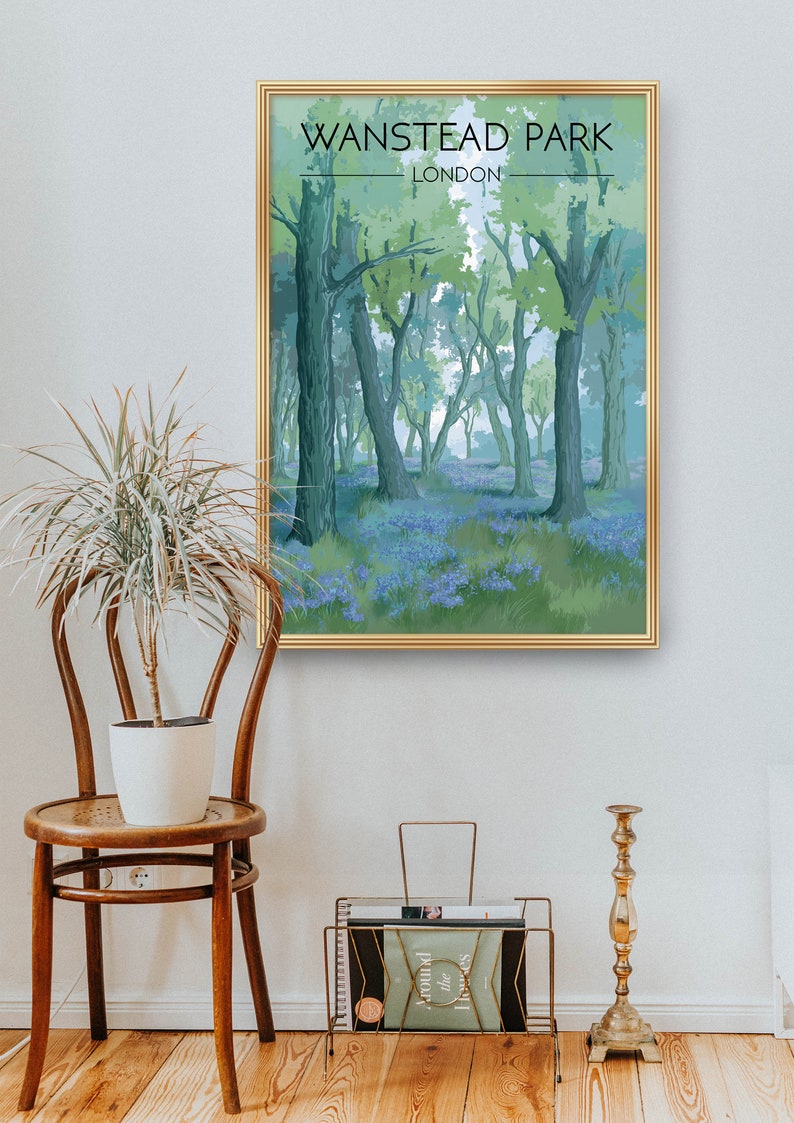 Wanstead Park Poster, London Travel Print, Wanstead Flats, Walthamstow, Leytonstone, East London, Bluebells, Forest Nature, Vintage Wall Art image 4