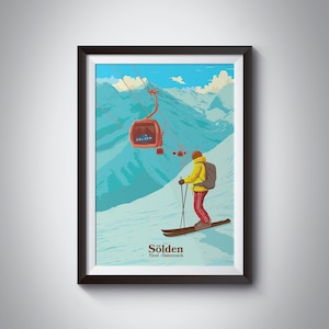 Solden Ski Resort Poster, Austria Ski Print, Vintage Ski Art, Snowboard, Tirolo, St Anton, Retro Ski Print, Poster di viaggio, Gondola