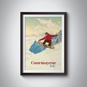 Courmayeur Snowboarding Poster, Italy Skiing Print, Travel Poster, Italian, Vintage, Tour du Mont Blanc, SkyWay Monte Bianco, Ski Resort