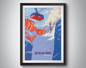 Jackson Hole Skiing Poster, Ski Resort Print, Wyoming, Grand Teton National Park, Yellowstone, Snowboarding, Wall Art, Corbet&#39;s Couloir, USA