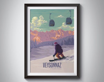 Veysonnaz Switzerland Ski Resort Travel Poster, Swiss Alps Print, Skiing, Snowboard, Verbier, 4 Vallees, Bruson, Tzoumaz, Thyon, Framed Art