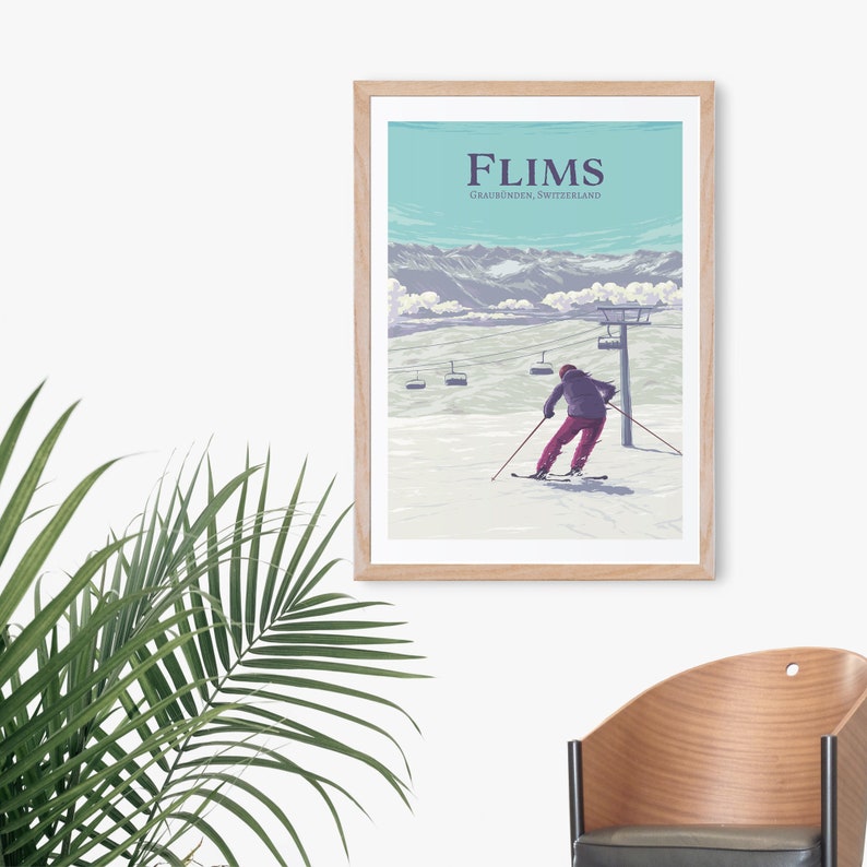 Flims Ski Resort Poster, Switzerland, Flims Laax Falera, Imboden Region, Snowboarding, Vintage Travel Print, Retro Skiing Art, Swiss Alps image 3