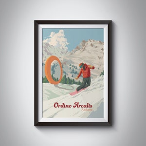 Ordino Arcalis Snowboarden Poster, Andorra Travel Poster, Ski Resort Print, Pyreneeën, Grandvalira, Pal Arinsal, Skiën Wall Art Gift
