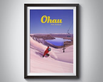 Ohau Ski Resort Poster, New Zealand Travel Print, Ohau Snowfields, NZ Southern Alps, Skiing, Snowboarding, Lake Ohau, Mt Dobson, Wanaka