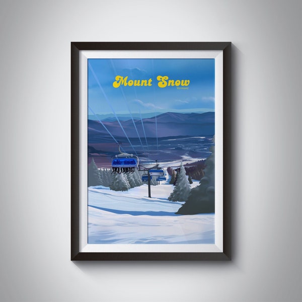 Mount Snow Vermont Ski Resort Travel Poster, Green Mountain Range, Mount Pisgah, Snowboarding, Ski Area, Vintage Skiing Print, Retro Artwork