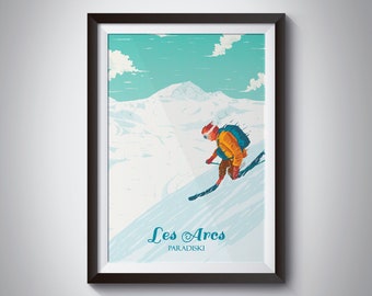 Les Arcs Poster, Skiing Print, Vintage Ski Resort, Ski Gift, Paradiski, French Alps, France, Mountains, La Plagne, Val d'Isere, Tignes, Gift
