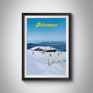 Aviemore Ski Resort Poster, Cairngorm National Park, Snowboarding, Vintage Travel Print, Scotland, Scottish Highlands, Skiing Gift, Glencoe
