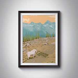 Glacier National Park Canada Poster, British Columbia, Rocky Mountains Goat, Vintage National Park Print, Art, Rockies, Hiking, Canadian Art