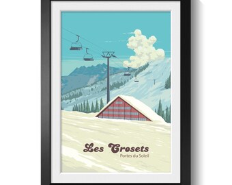 Les Crosets Ski Resort Poster, Swiss Alps Wall Art Print, Valais Winter Sports Decor, Portes du Soleil Travel Artwork, Retro Skiing Poster