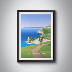 Cartel de viaje para caminar, impresión de senderismo, arte para caminar por la costa, Cornualles, Dorset, impresión de arte de pared de Devon, camino costero, pasatiempos al aire libre, arte enmarcado