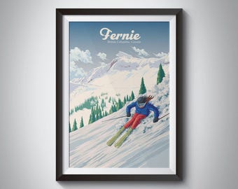 Fernie Ski Resort Poster, British Columbia, Fernie Canada Travel Poster, Wall Art Print Gift, Skiing, Snowboarding, Whistler, Vintage Print