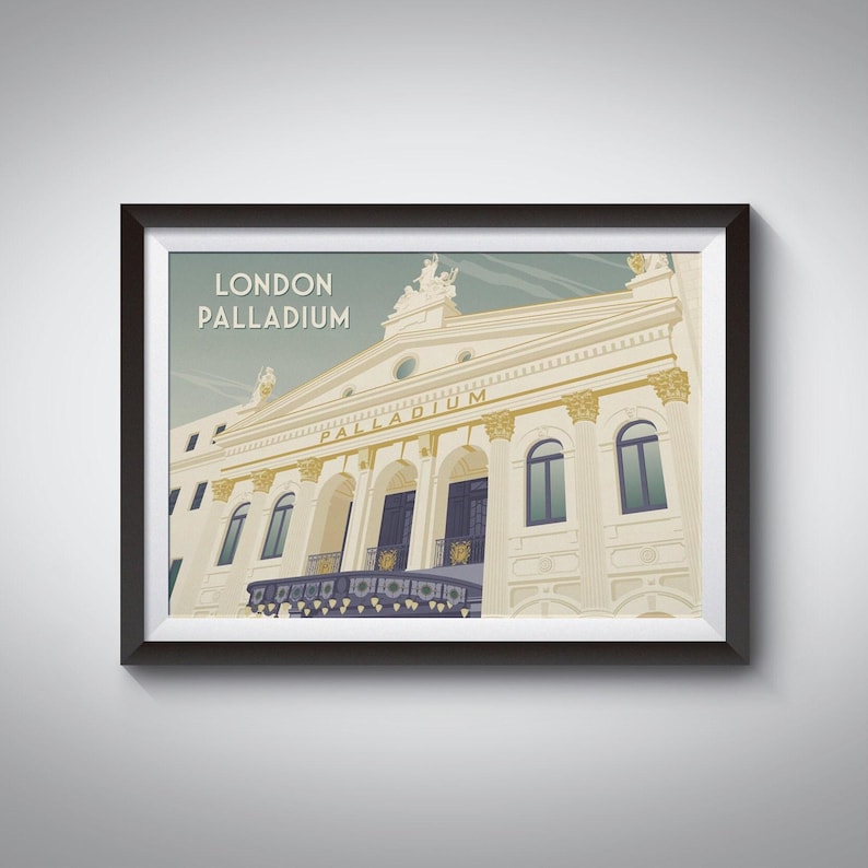 Póster del London Palladium, Impresión de viaje a Londres, Teatro del West End, Impresión Art Déco, Soho, Arquitectura, Musicales, Regalo de Londres, Decoración de pared imagen 1