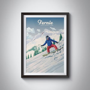 Fernie Snowboarding Poster, Columbia Británica, Fernie Ski Resort, Canada Travel Poster, Wall Art Print Gift, Ski, Whistler, Vintage Print