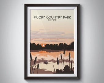 Priory Country Park, Bedford Travel Poster, Newnham, River Great Ouse, Cardington, Travel Print, Wall Art Gift, Framed, Sunset Nature, Lake